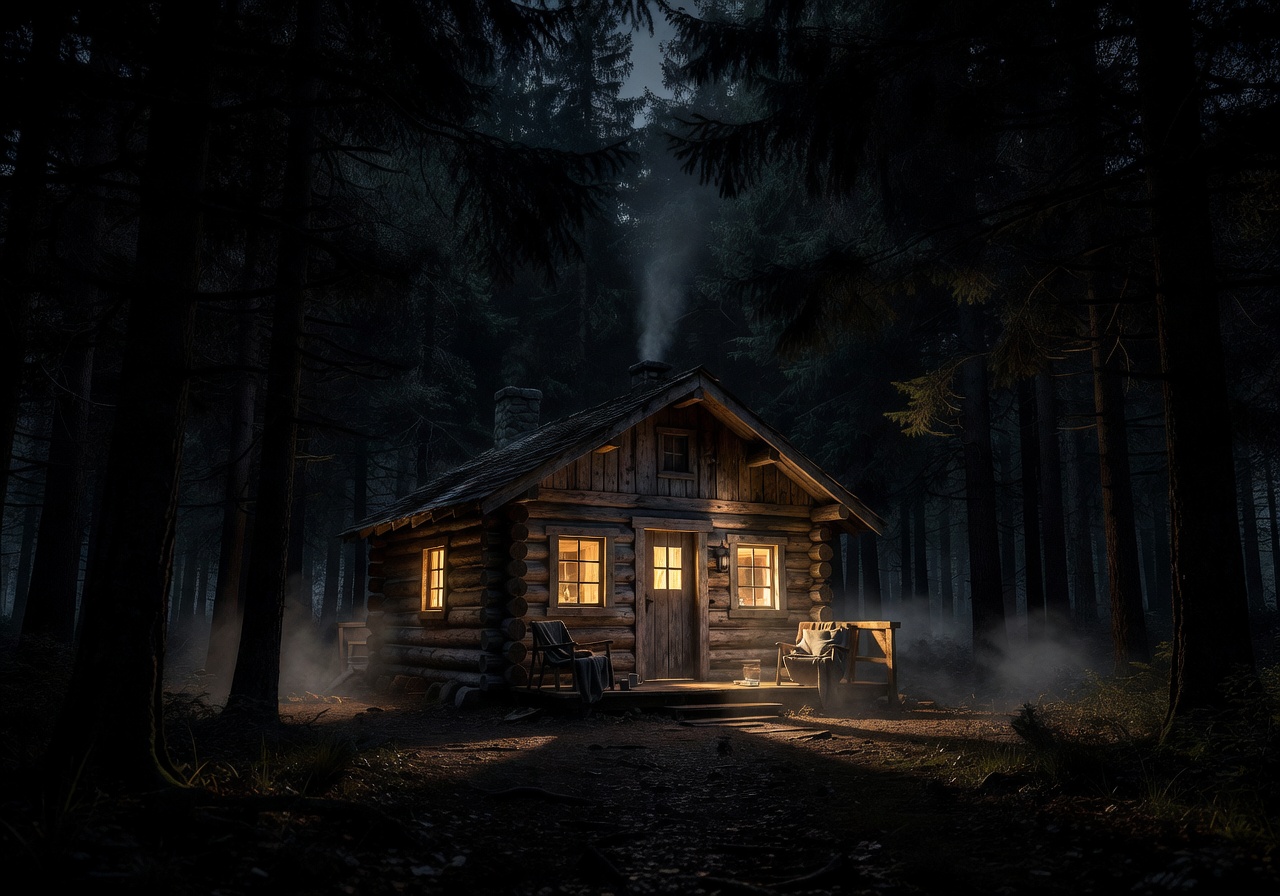 Cozy lit cabin in dark woods