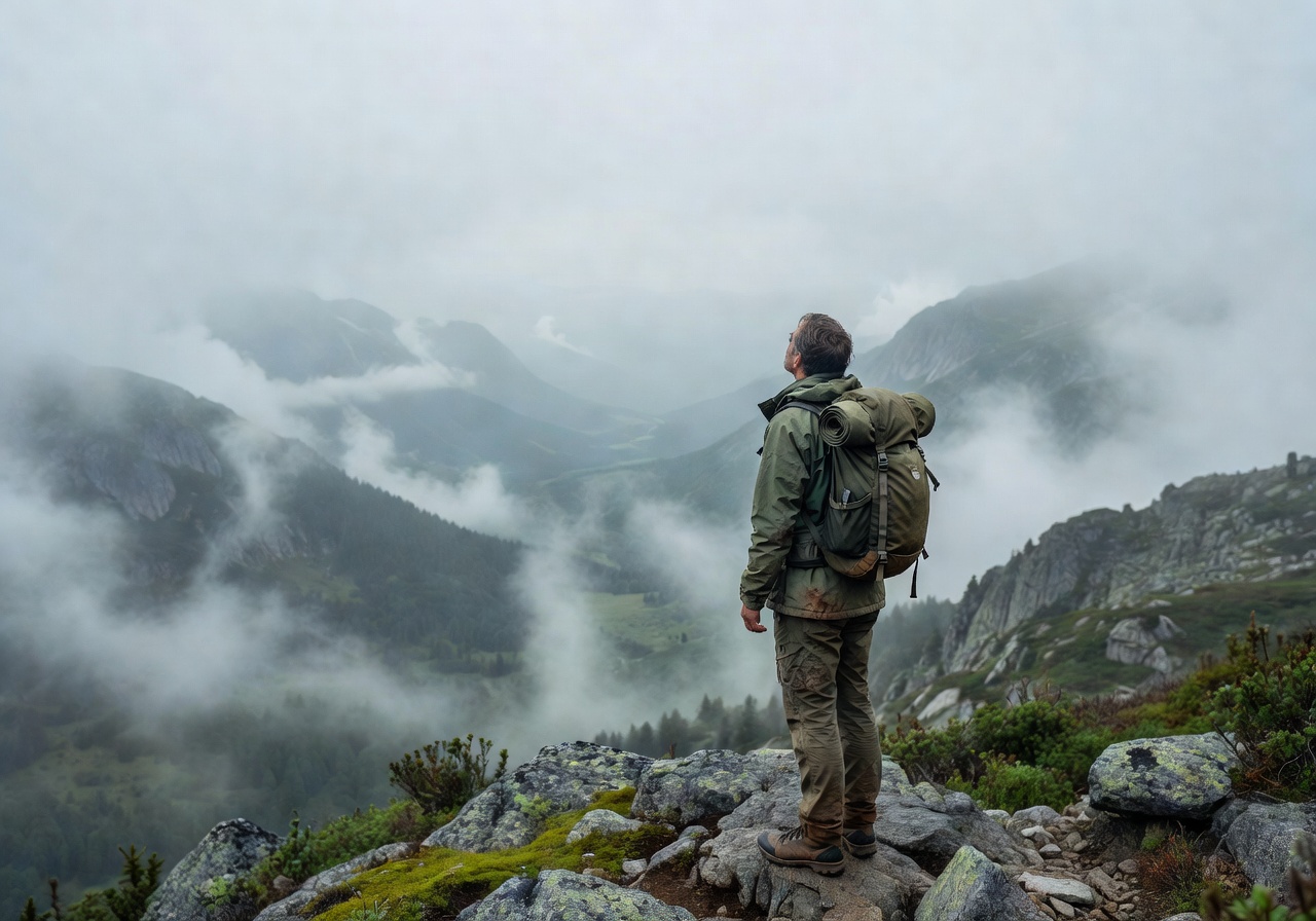 Hiker looking over a vast misty mountain valley