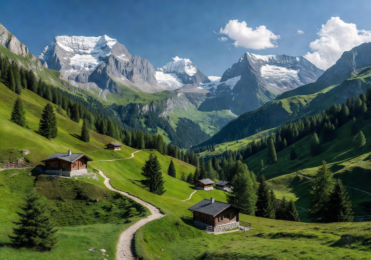 Lush green valleys in the Swiss Alps