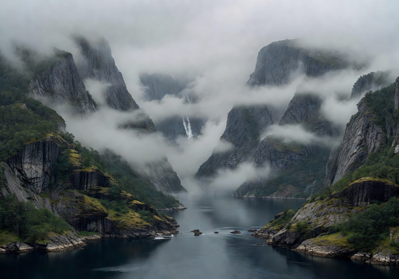 Misty fjord in Norway