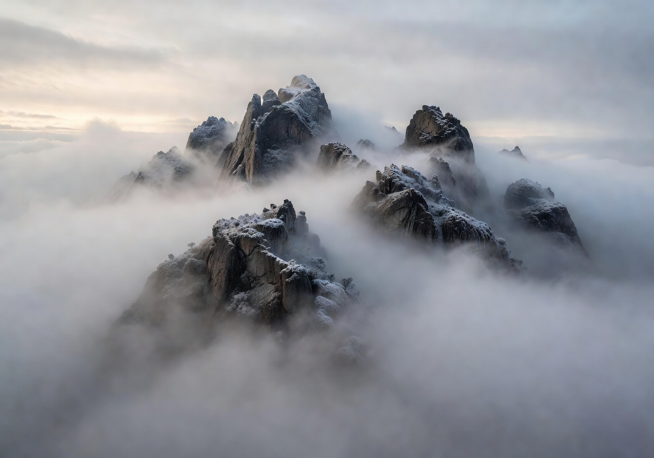 Mountain peaks surrounded by heavy morning fog
