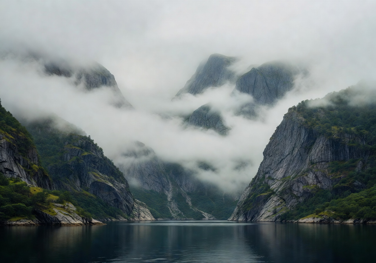 Norwegian fjords covered in mist