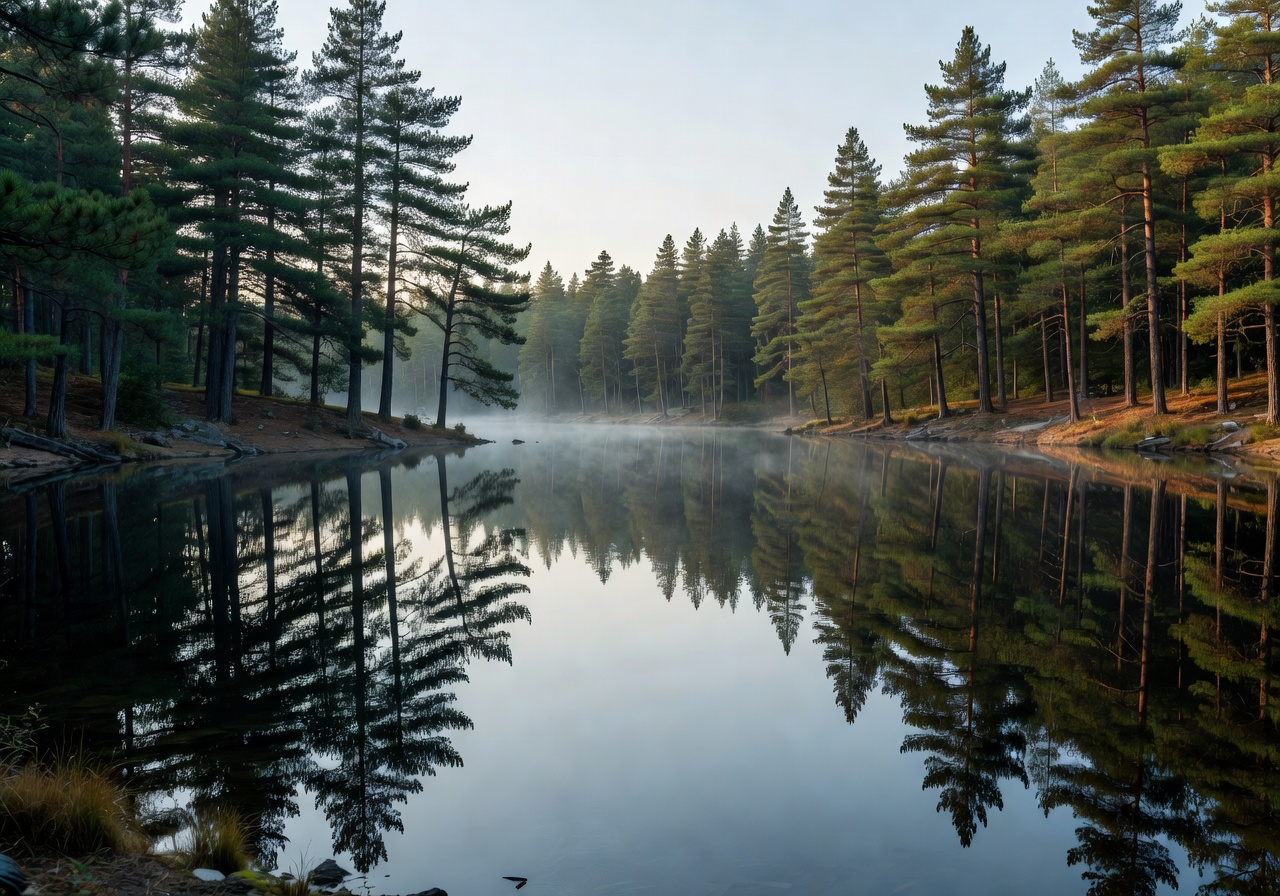 Perfectly still lake reflecting pines