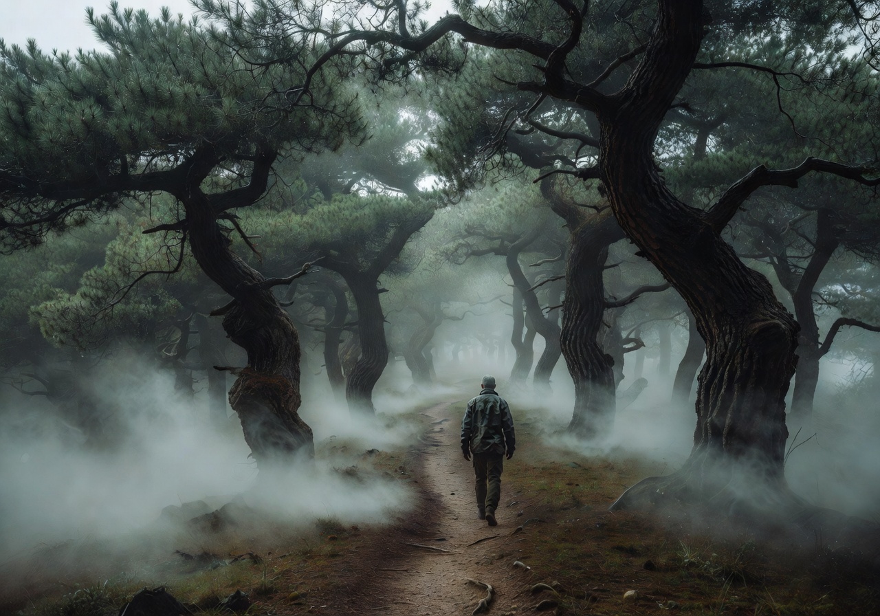 Person walking through a dense, foggy pine forest