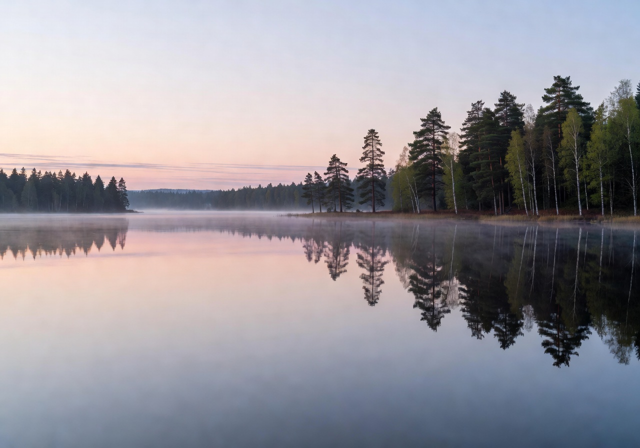 Quiet morning on a mirror-like lake