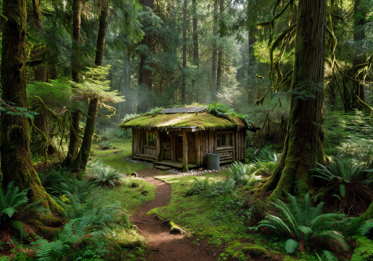 Secluded eco cabin in a dense forest