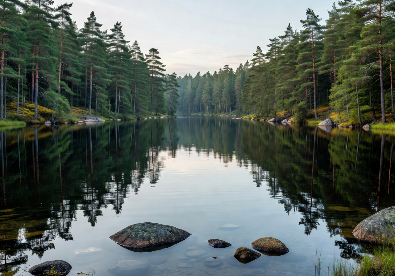 Serene lake surrounded by pine forest in Finland