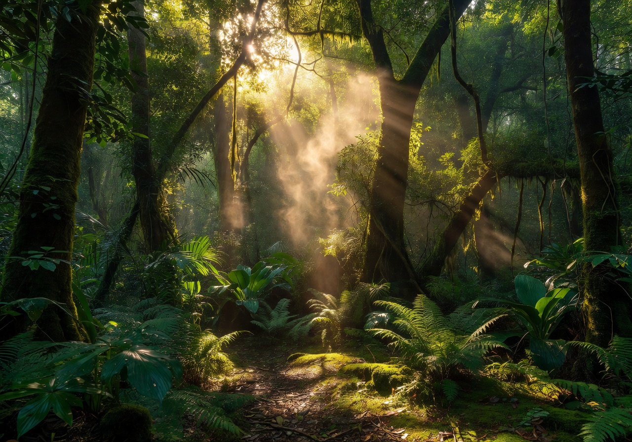 Sunlight bursting through dense green forest trees