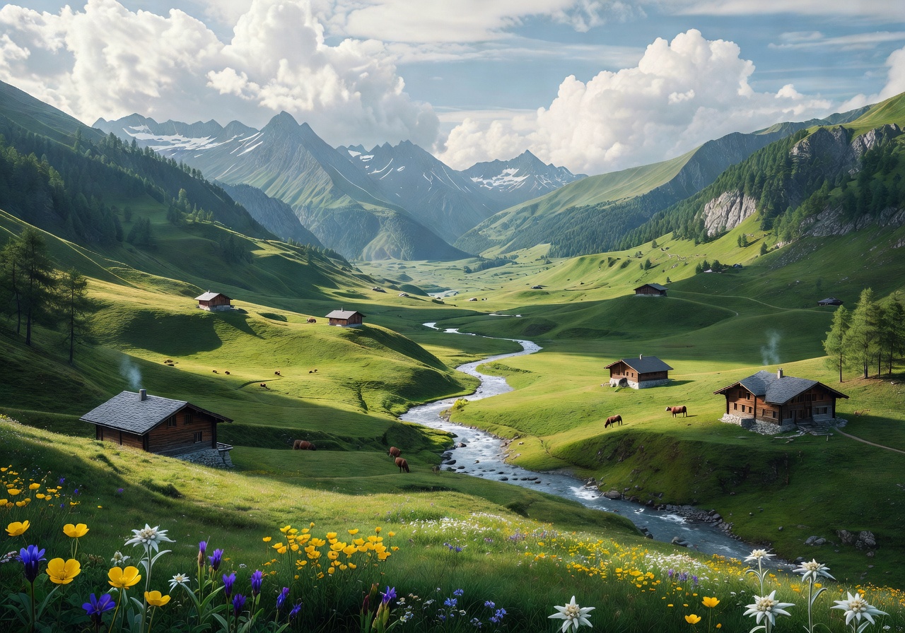 Vast green alpine valley in Switzerland