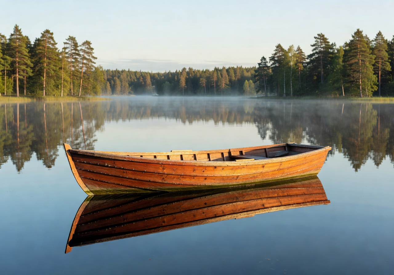Wooden boat on a calm Finnish lake