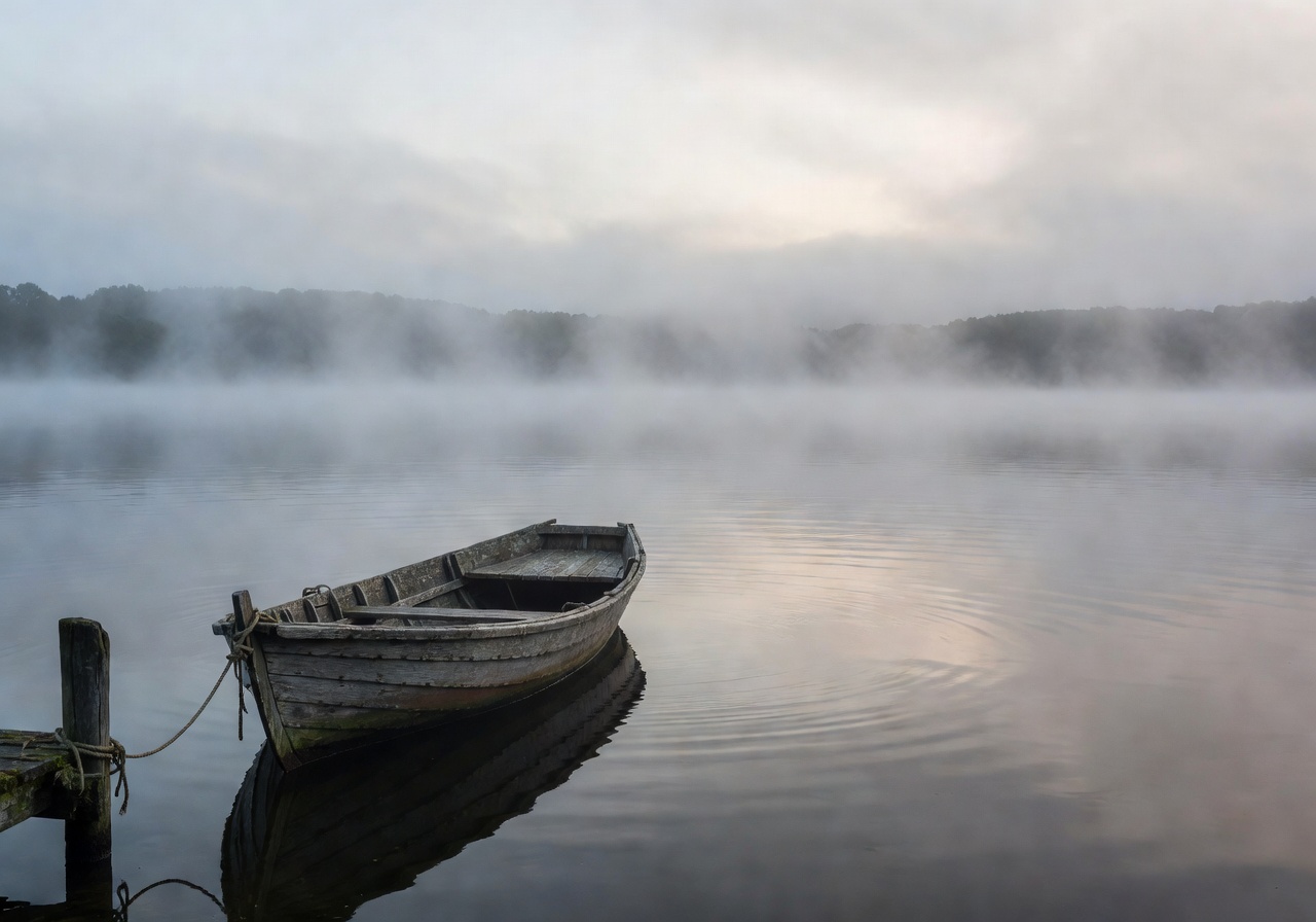 Wooden boat tied up on a calm misty lake